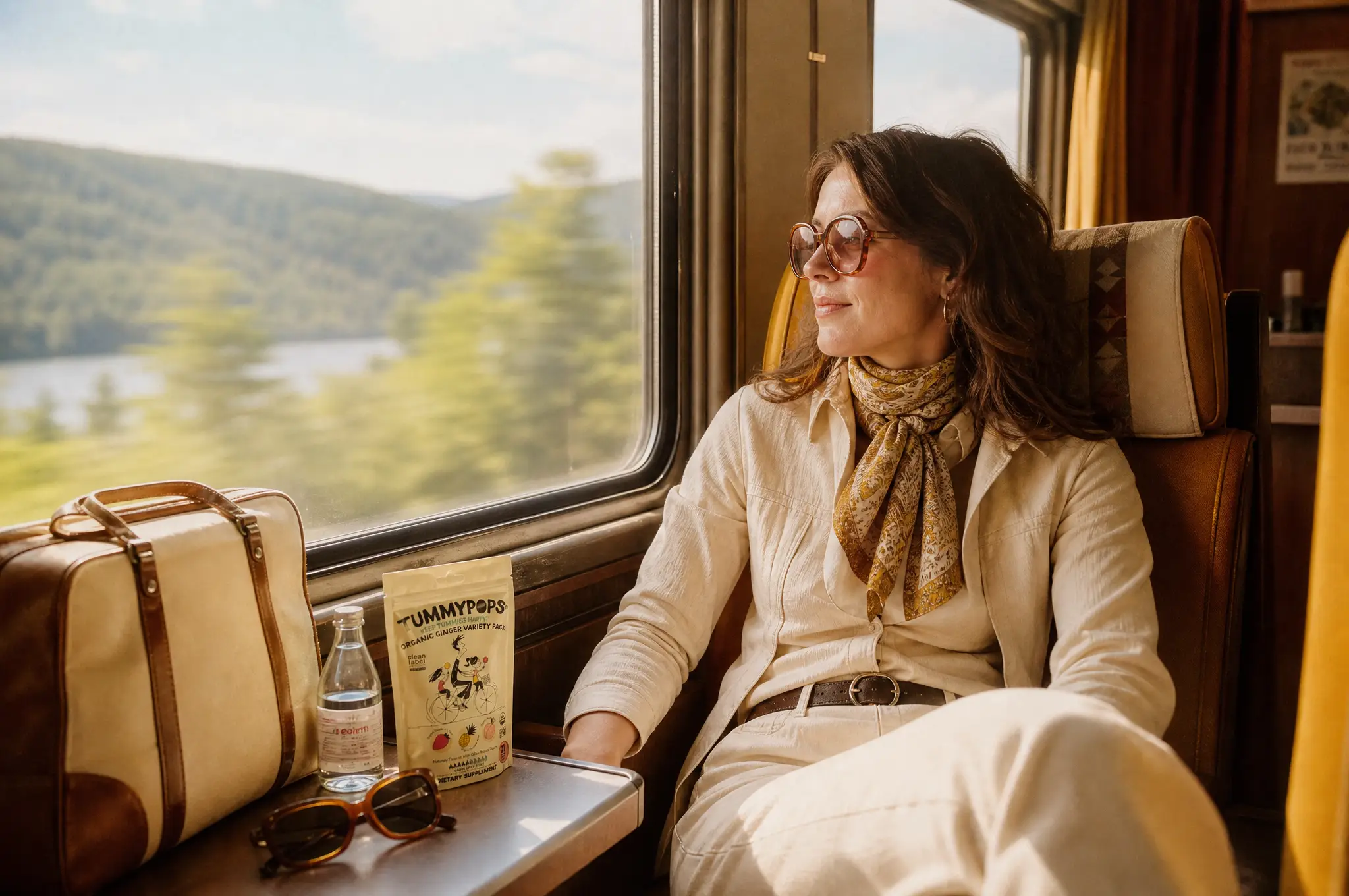 Traveler prepared for motion sickness with ginger and peppermint lozenges for planes, boats, and cars