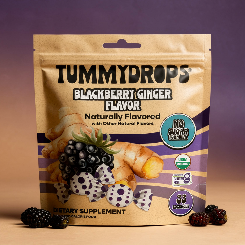 Tummydrops Blackberry Ginger Flavor package on a gradient background