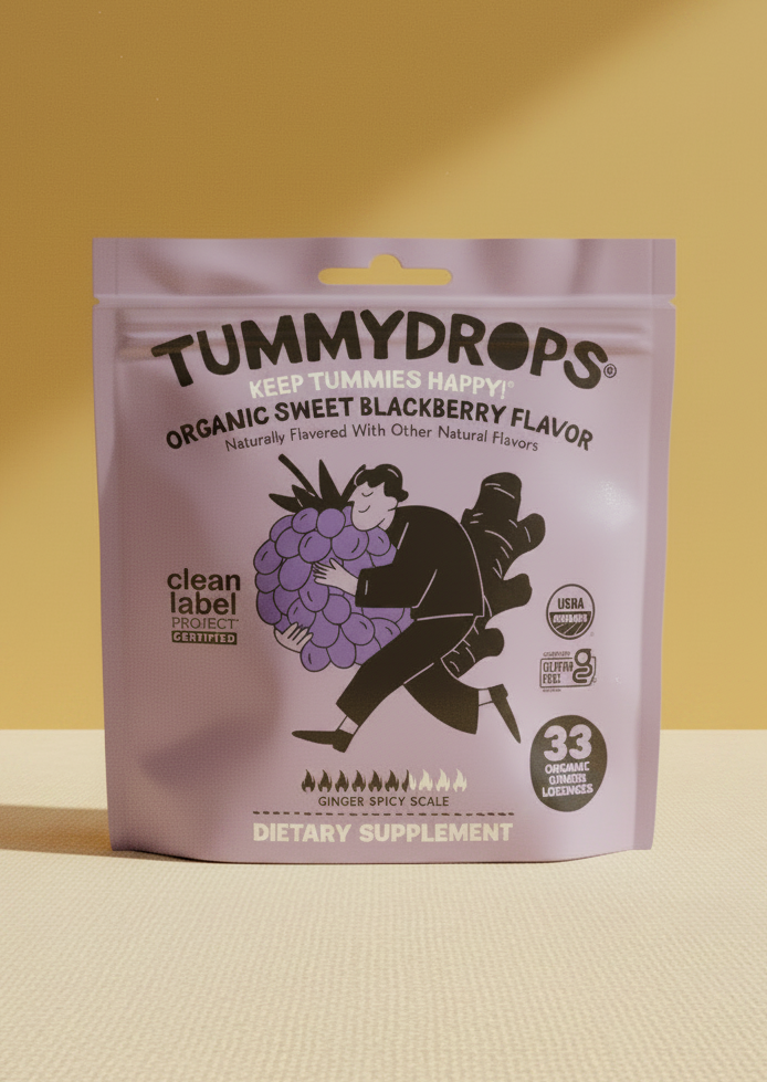 Blackberry Tummydrops bag solo hero on linen mustard background