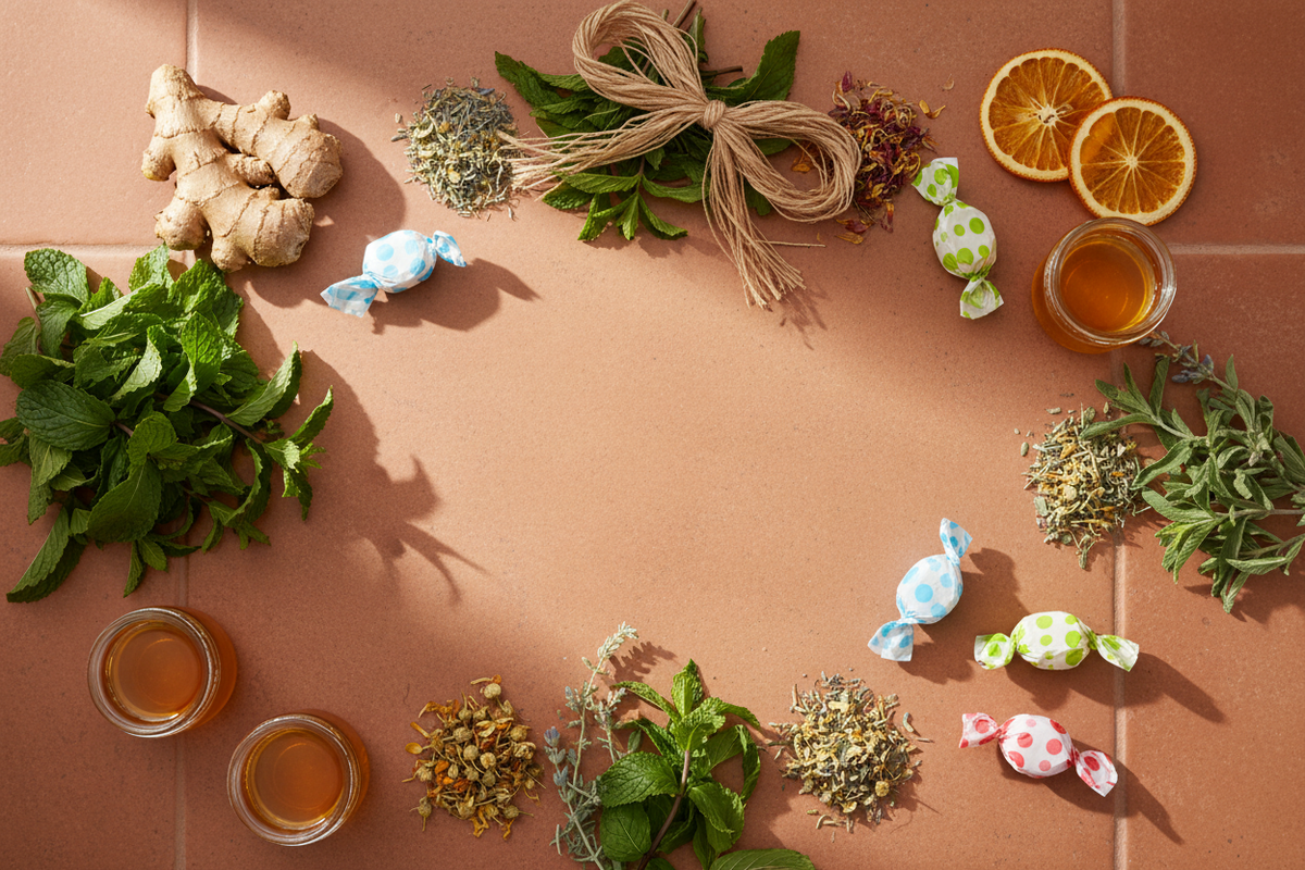 Overhead flat lay on terracotta with candy drops and botanicals