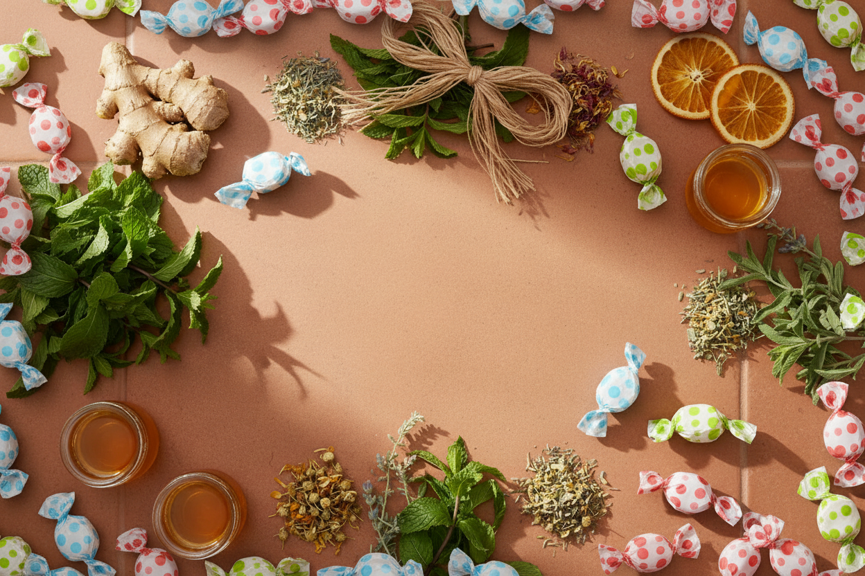 Overhead flat lay terracotta with more 3D candy drops at edges