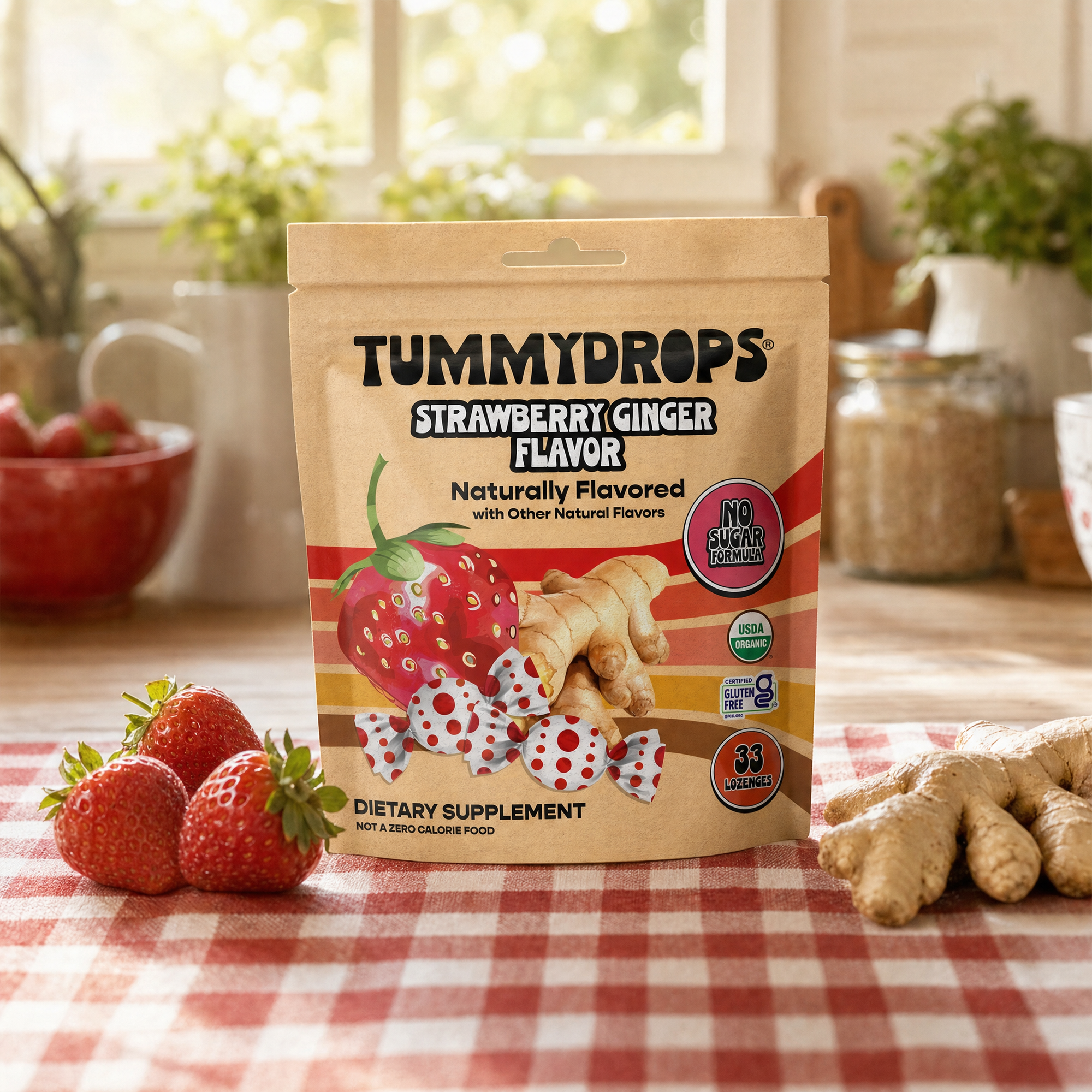 No Sugar Organic Ginger Strawberry Tummydrops, 33 ct