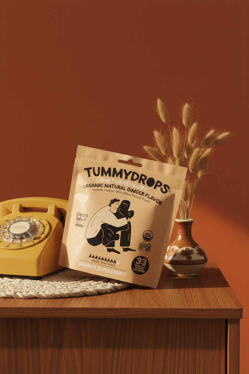 Tummydrops bag tilted right on retro side table with mustard phone